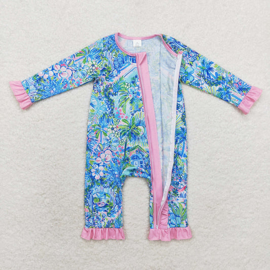 LR1339 Bamboo Floral House Landscape Rose red lace zipper long sleeve onesie