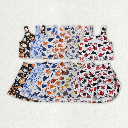 Sibling Baby Girls Team Football Cheer Bows Vest Top Short Skirts Yoga Sets C8.28