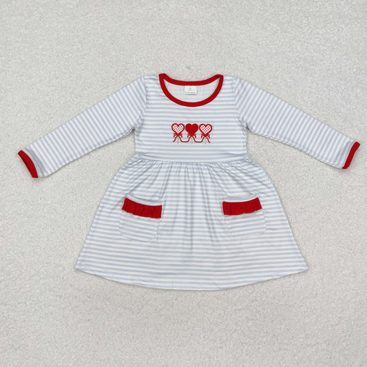 GLD0884 Baby Girls Valentines Embroidery Hearts Grey Stripes Knee Length Dress