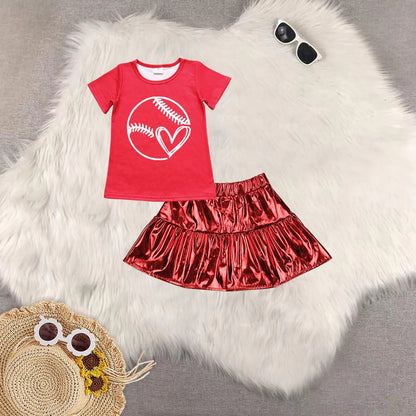 Sibling Baby Girls Short Sleeves Cow Stars Top Red Leather Skirts Western 4th Of July Sets 4.24