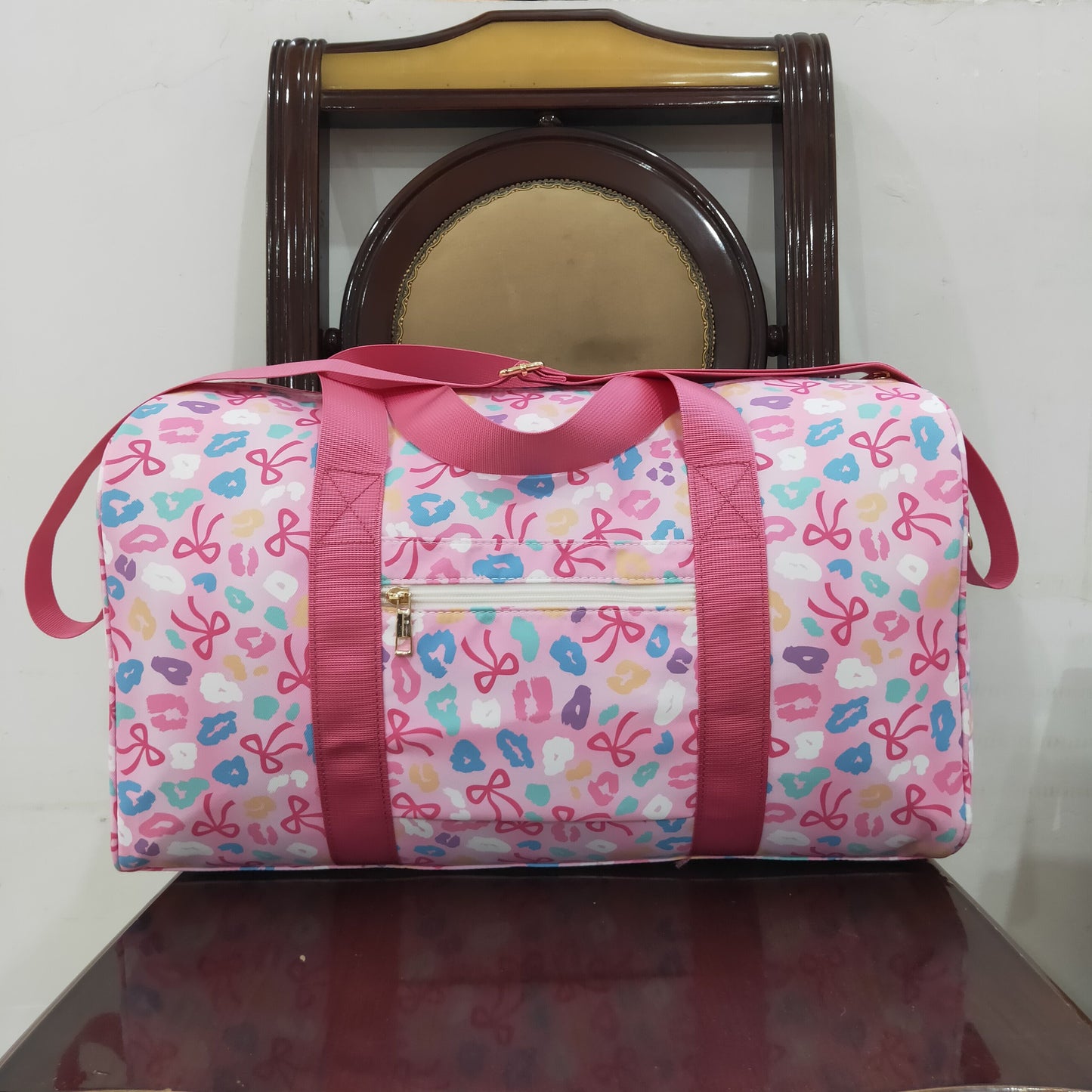 BA0320 Pink Leopard Bows Gym Bags 8.11