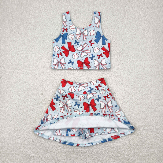 GSD2151 Baby Girls 4th Of July Bows Baseball Yoga Vest Skirt Active Wear Set