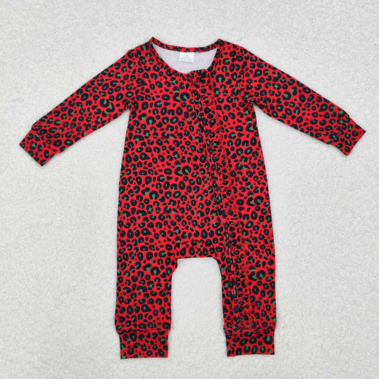 LR1962 Baby Infant Girls Christmas Red Green Leopard Zip Romper