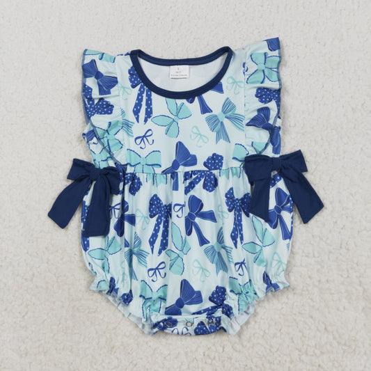 SR3121 Baby Girls Hot Blue Flutter Sleeves Bows Ruffle Romper C8.20