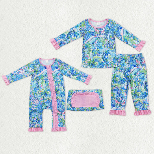 Sibling Baby Girls Blue Floral Ruffle Pant Bamboo Pajamas Sets Zipper Footie Rompers C12.9