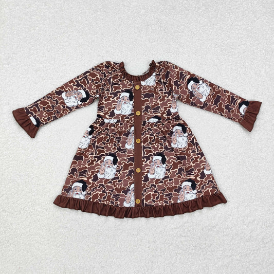 GLD0910 Baby Girls Camo Christmas Santa Buttons Knee Length Dress