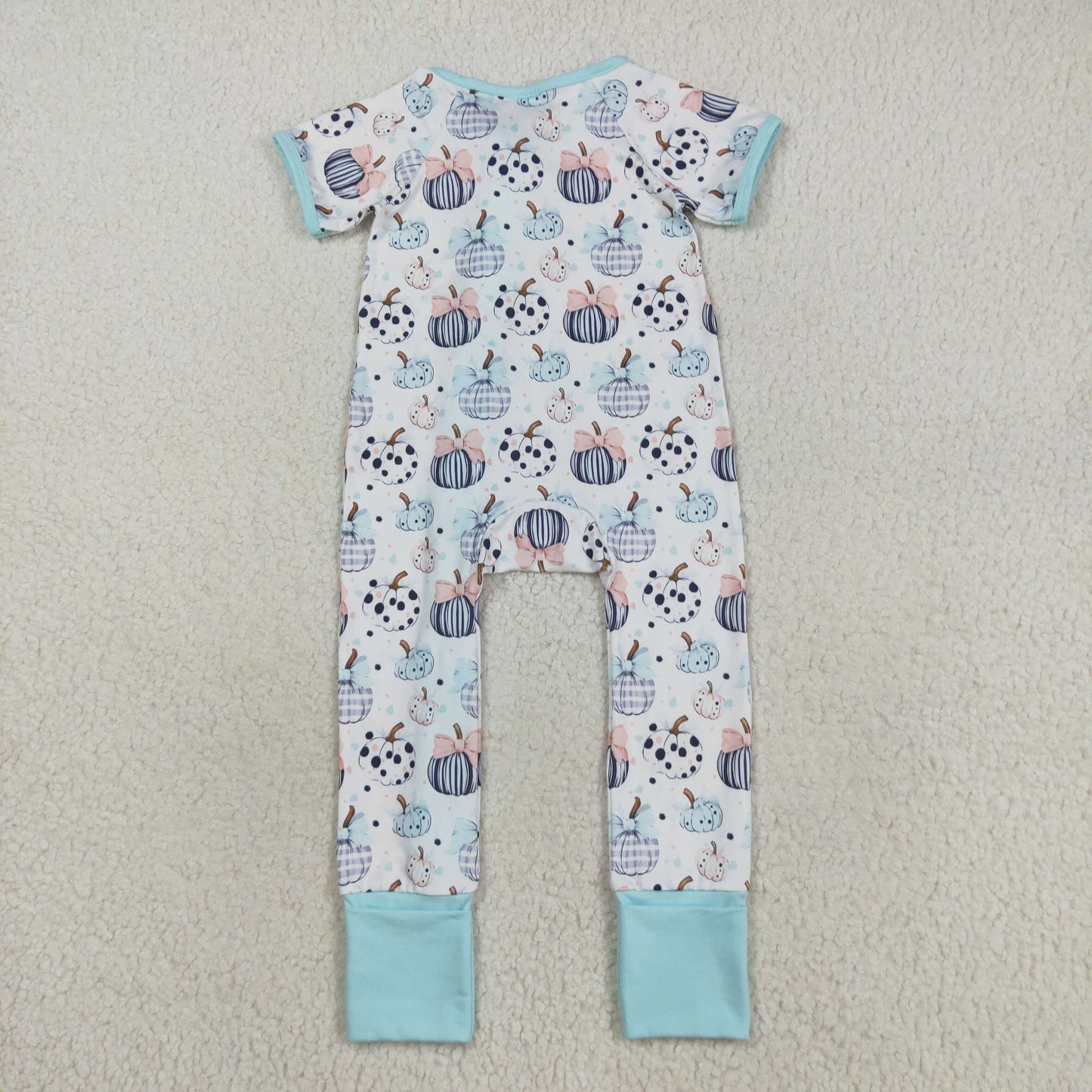 SR3109 Baby Infant Girls Blue Short Sleeves Bows Pumpkins Zipper Romper C8.15