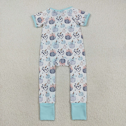 SR3109 Baby Infant Girls Blue Short Sleeves Bows Pumpkins Zipper Romper C8.15