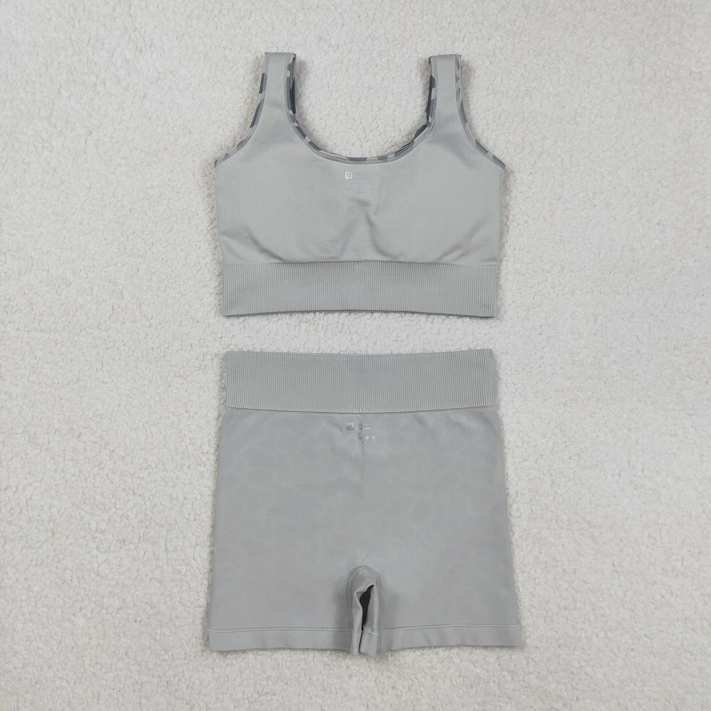 GT1186+SS0643 Adult Women Grey Camo Crop Bra Top Shorts Yoga Outfits Set C9.5