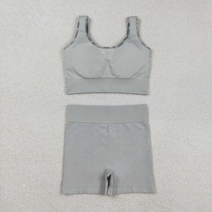 GT1186+SS0643 Adult Women Grey Camo Crop Bra Top Shorts Yoga Outfits Set C9.5