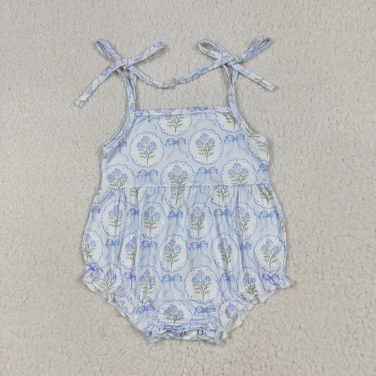 SR3117 Baby Girls Blue Strap Bows Flowers Plaid Ruffle Romper 6.28