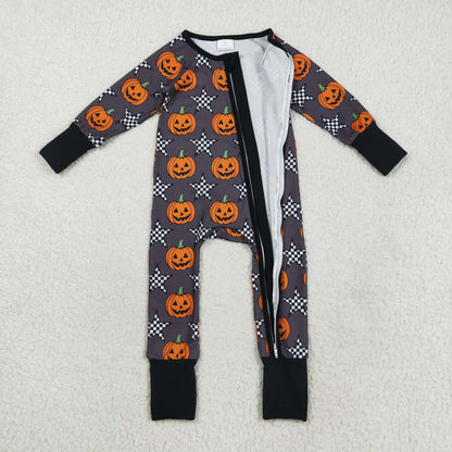 LR2464 Baby Boys Long Sleeves Plaid Stars Pumpkins Zipper Pant Romper C8.20