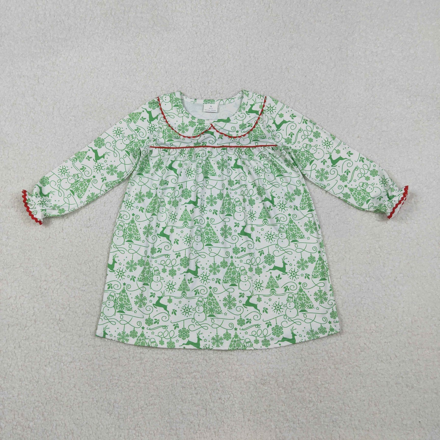 GLD1345 Baby Girls Green Deer Snowmen Christmas Knee Length Dress C11.6