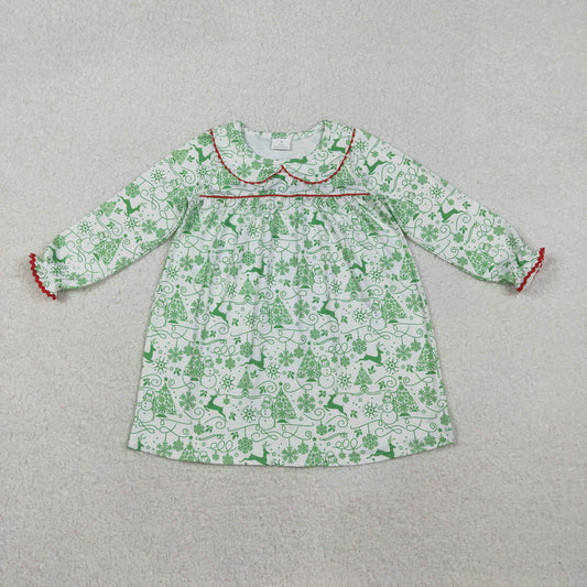 GLD1345 Baby Girls Green Deer Snowmen Christmas Knee Length Dress C11.6