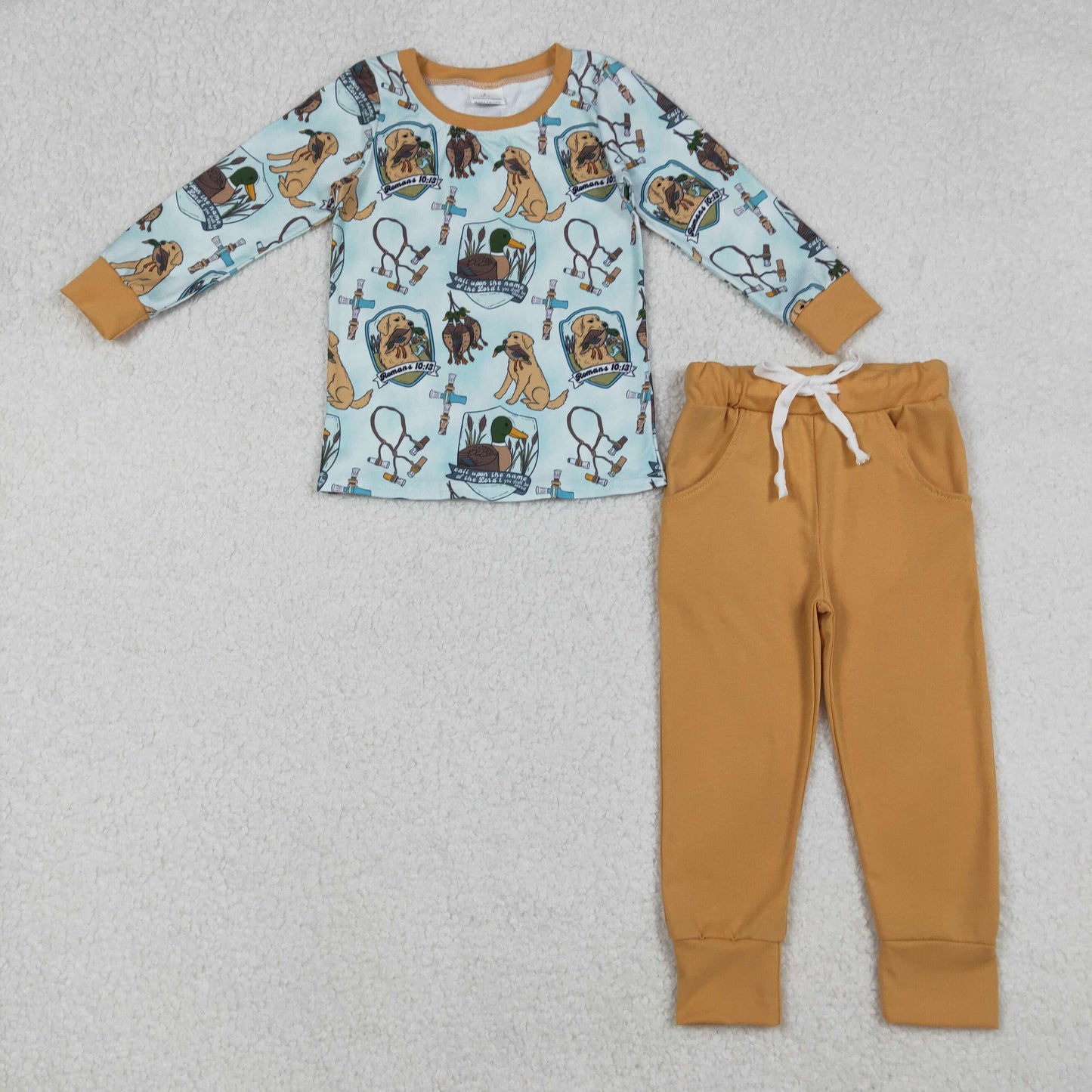 BLP1177 Baby Boys Long Sleeves Dogs Ducks Plaid Top Pockets Pant Set C9.24