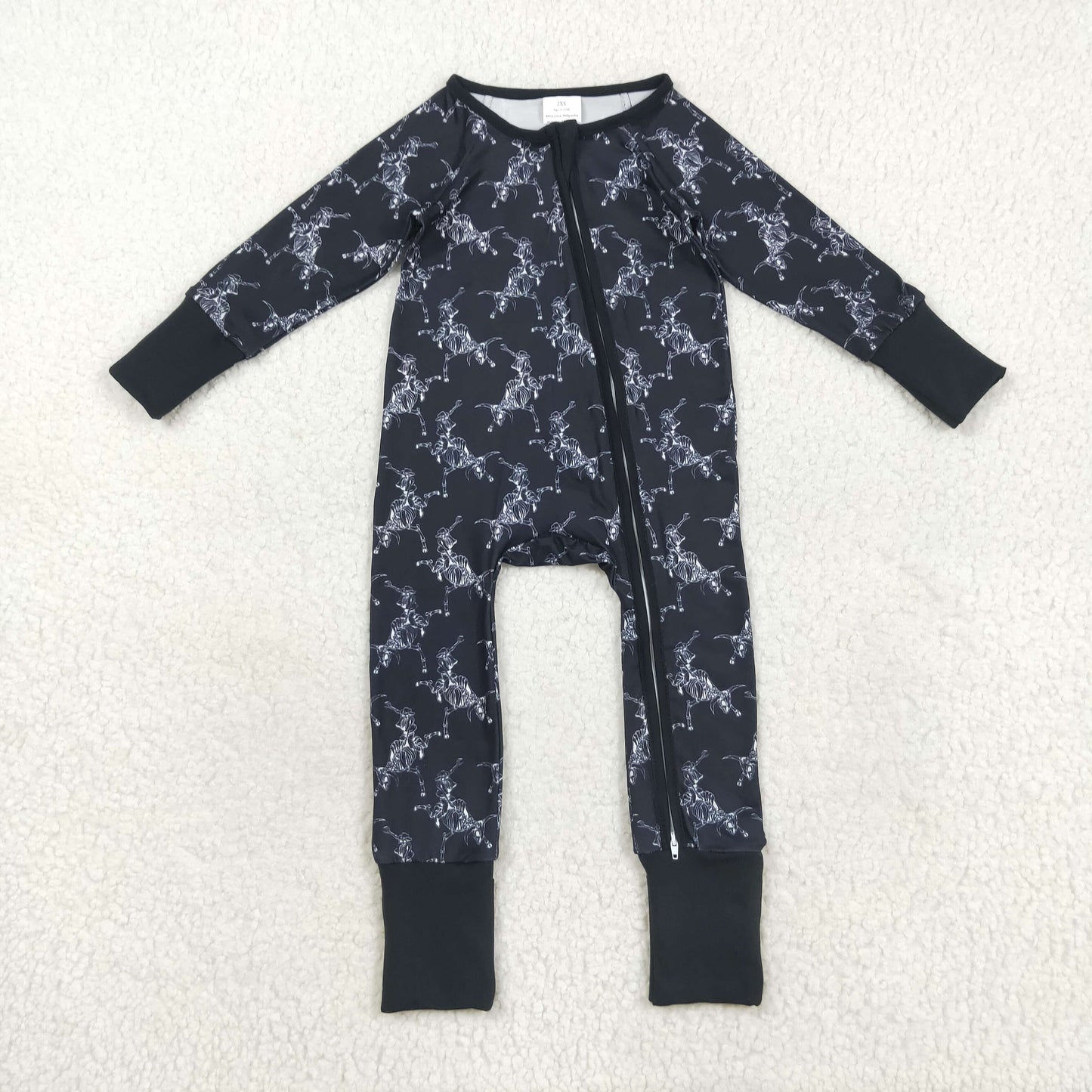 LR2466 Baby Boys Long Sleeves Black Horse Rodeos Zipper Pant Romper C8.23