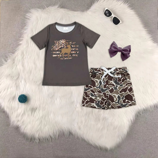 BT0440+SS0202 Baby Boys Dark Brown Leaves Deer Top Green Camo Pockets Shorts Western Hunting Set 4.24