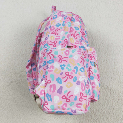 BA0319 Baby Kids Pink Leopard Bows School Zipper Ruffle Back Bags 8.4