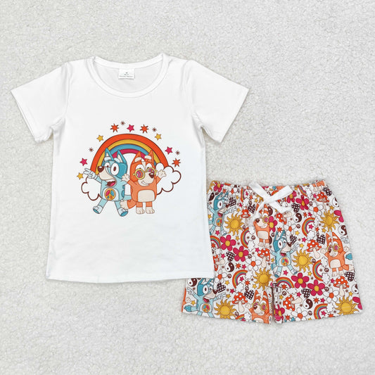 GSSO0512 Girls cartoon dog rainbow white short-sleeved shorts set