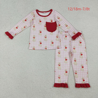 GLP2880 Baby Girls Pink Checked Dogs Hearts Pockets Ruffle Pants Valentine Pajamas Set C10.18