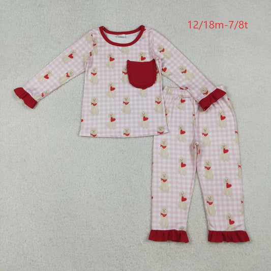 GLP2880 Baby Girls Pink Checked Dogs Hearts Pockets Ruffle Pants Valentine Pajamas Set C10.18