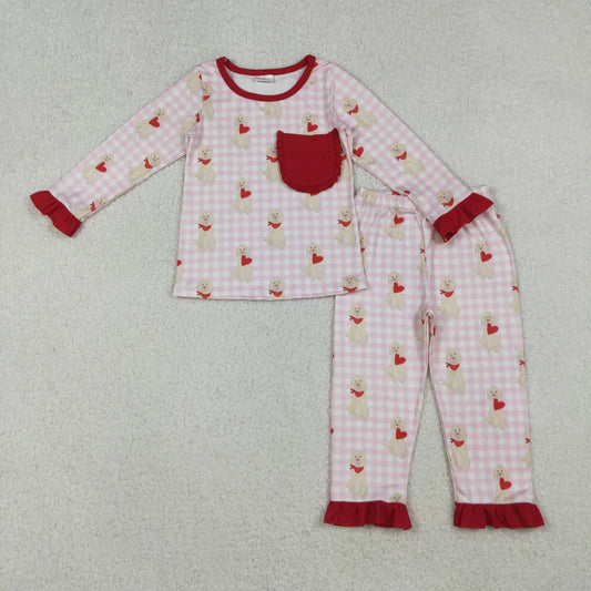 GLP2880 Baby Girls Pink Checked Dogs Hearts Pockets Ruffle Pants Valentine Pajamas Set C10.18