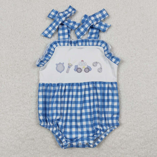 SR1171 Girls blue and white checked lace halter vest jumpsuit