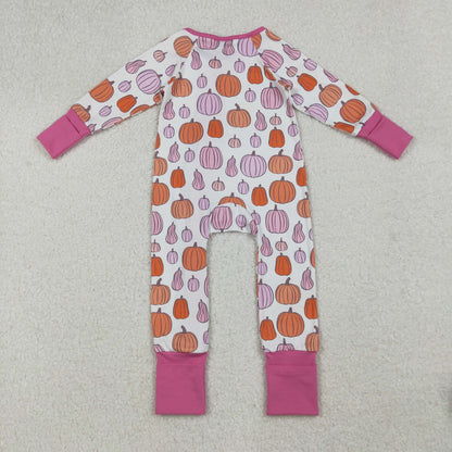 LR2566 Baby Girls Colorful Pumpkins Plaid Fall Ruffle Zipper Footie Romper C9.17