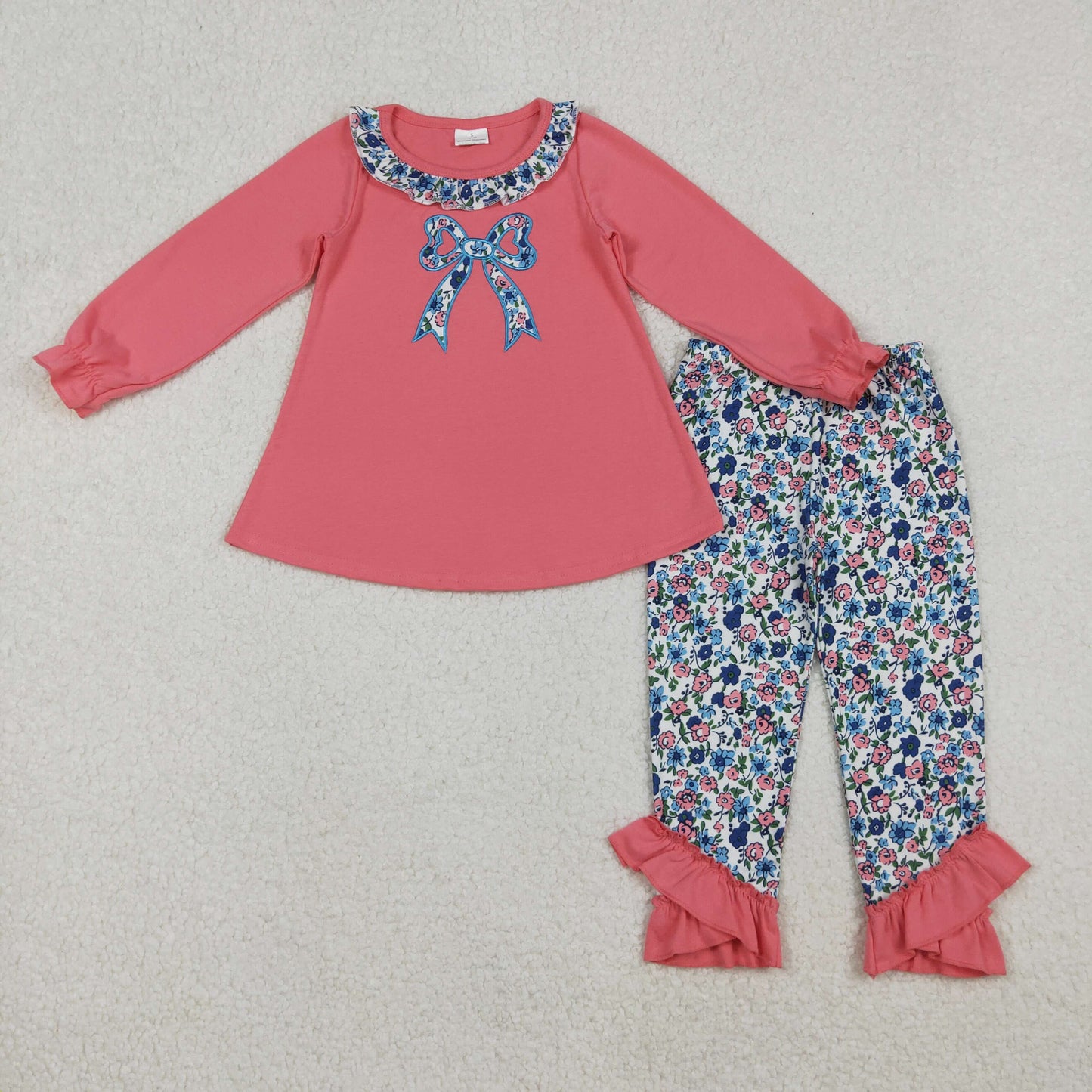 GLP2777 Embroidery Floral Bow Baby Girls Tunic Ruffle Leggings Clothes Set C10.20