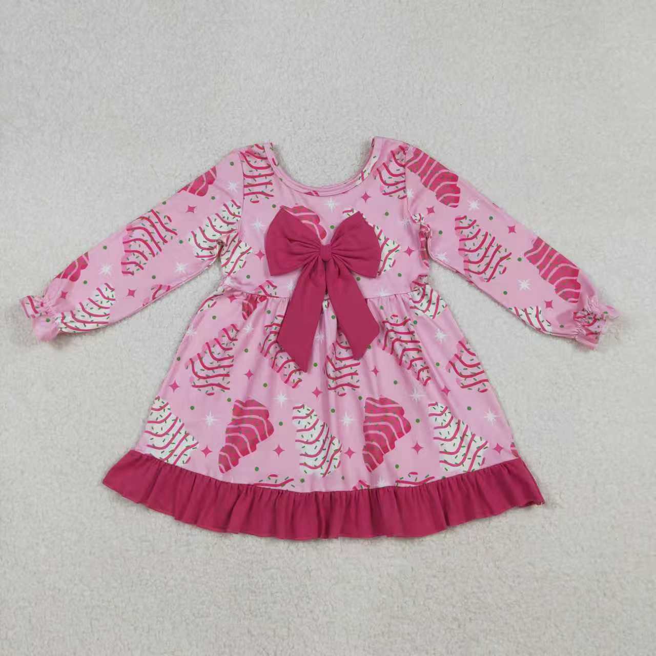 Sibling Baby Girls Pink Stripe Trees Stars Bow Christmas Knee Ruffle Length Dresses Rompers C10.27