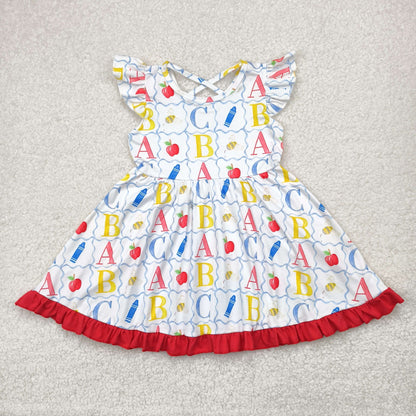 GSD2258 Baby Girls Flutter Sleeves ABC Pencil Apple Grid Knee Length Dress 4.26