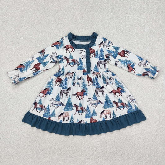 GLD0675 Baby Girls Christmas Western Horse Ruffle Knee Length Dress