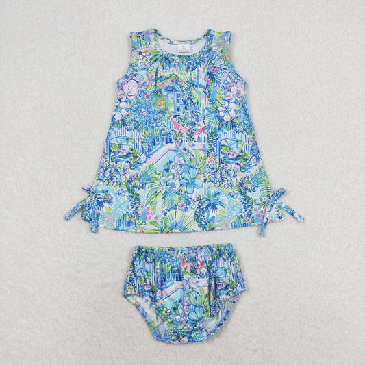 GBO0340 Floral blue sleeveless briefs suit