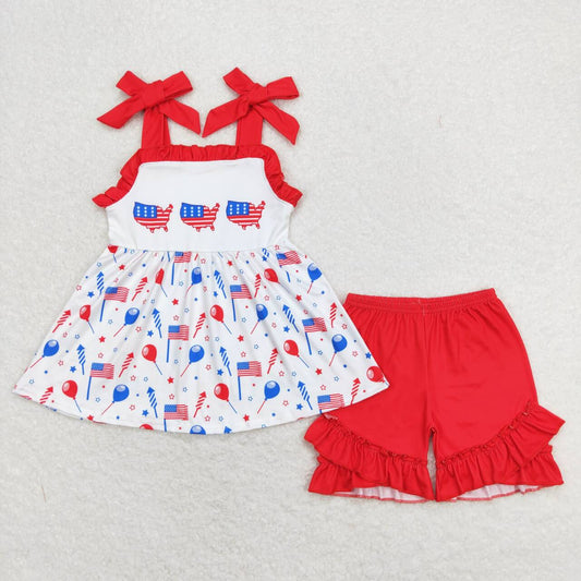 GSSO0679 National Day flag red lace balloon star fireworks white strap shorts set