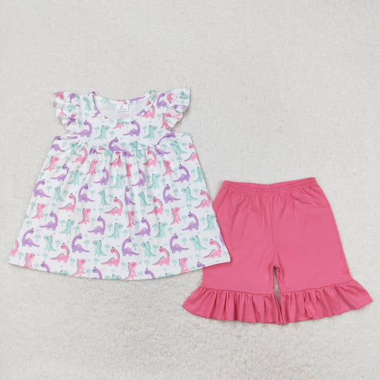 GSSO0787 Dinosaur white flying sleeve pink shorts suit