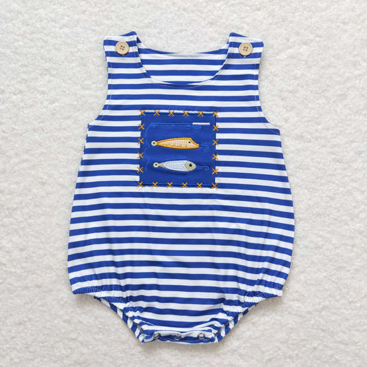 SR1074 Embroidered fishing blue and white striped vest onesie
