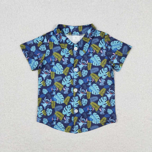 BT0608 Cartoon leaf blue button-up short-sleeved top