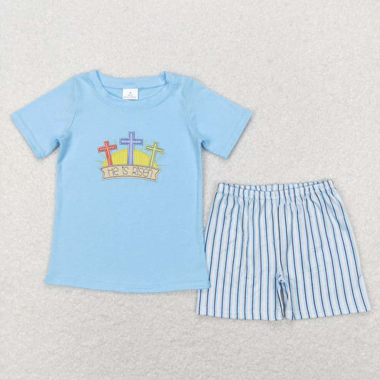 SSO0356 Embroidered cross Blue short sleeve striped shorts set