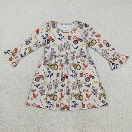 GLD1196 Baby Girls Long Ruffle Sleeves Trucks Chicks Farm Knee Length Dress 8.11