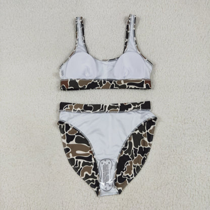 S0565 Adult Women Duck Brown Camo Top Bottom Swimsuits Set
