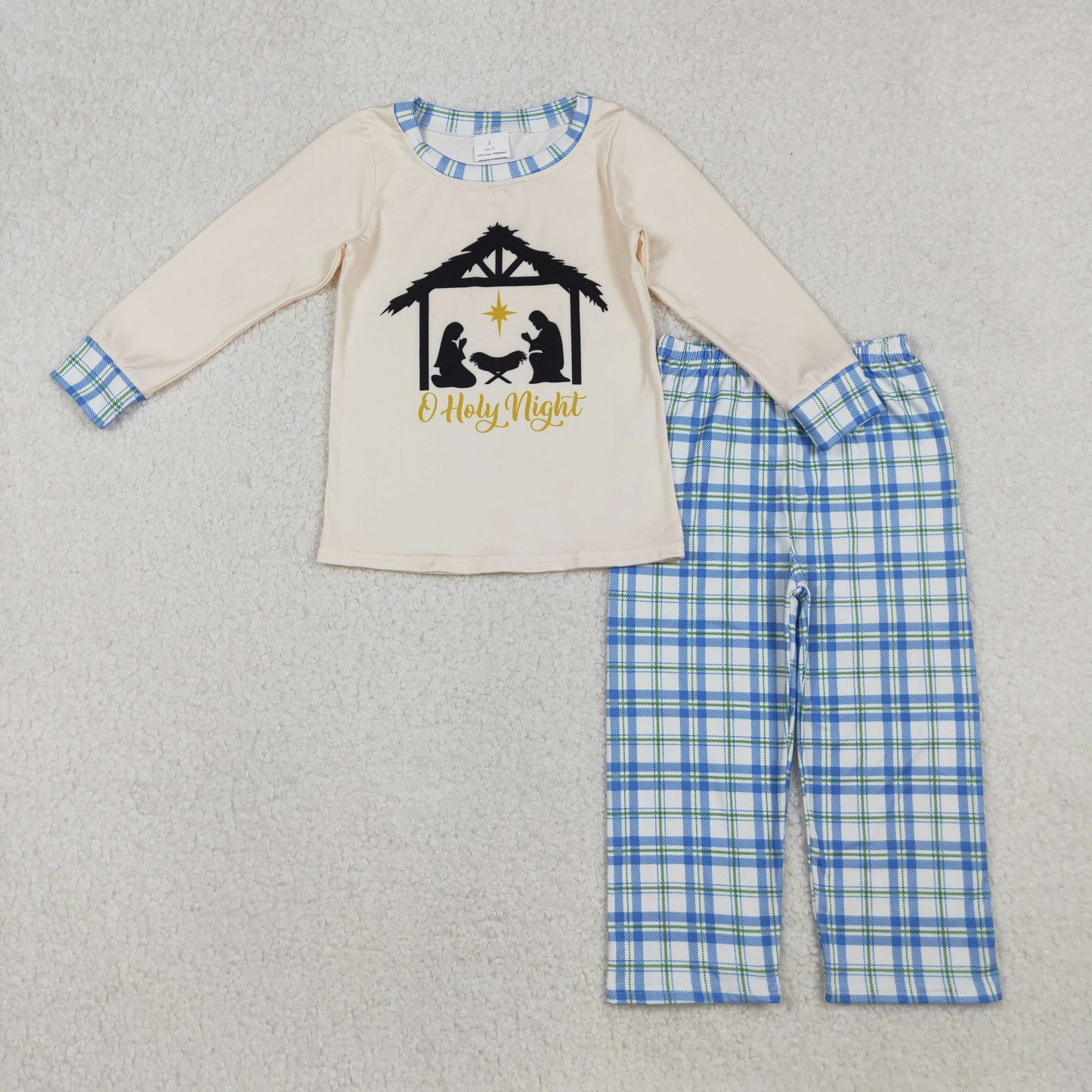 BLP1100 Baby Boys Long Sleeves Jesus Nativity Top Blue Plaid Pant Set C10.8