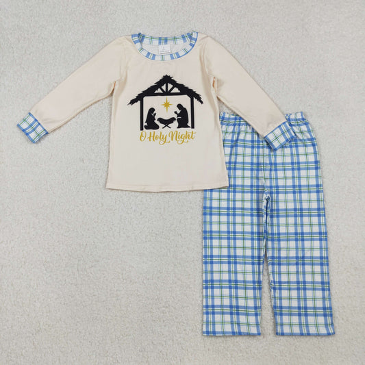 BLP1100 Baby Boys Long Sleeves Jesus Nativity Top Blue Plaid Pant Set C10.8