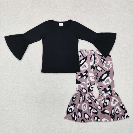 GLP1970 Baby Girls Black Tops Leopard Bell Pants Clothes Set