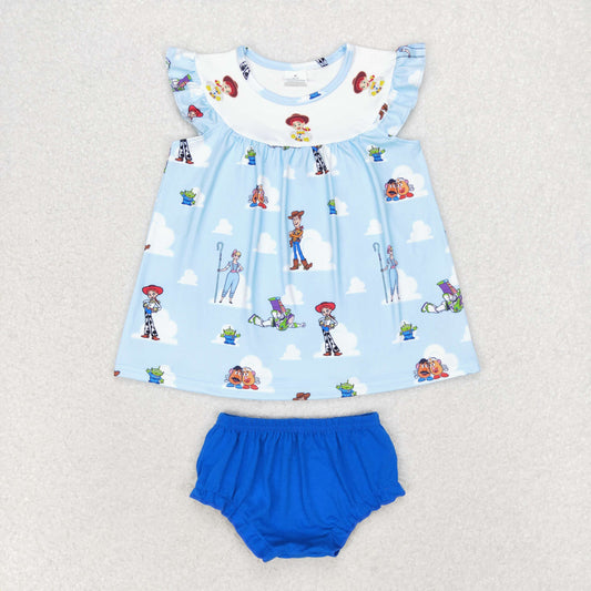 GT0592+ SS0348 Girls cartoon white cloud short sleeve top blue briefs suit