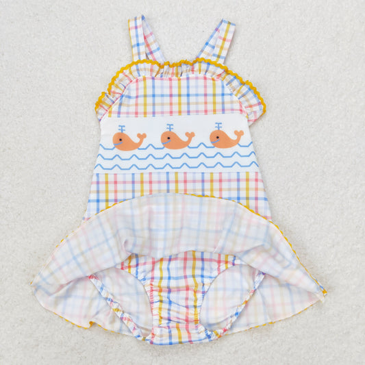 S0396 Whale blue and yellow checkered one-piece swimsuit