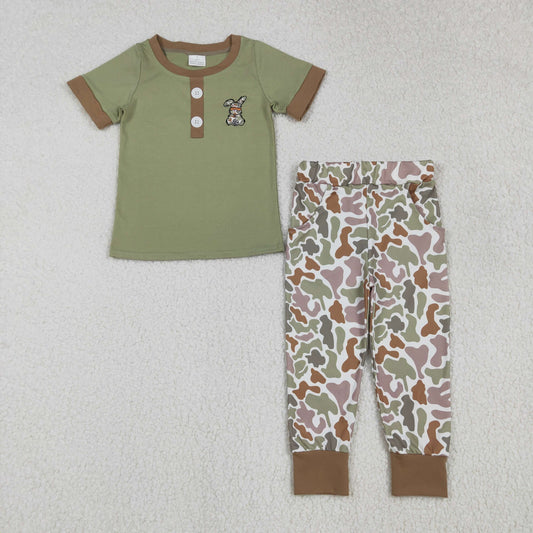 BSPO0603 Embroidery Baby Boys Olive Camo Rabbit Button Top Pants Easter Clothes Set C11.27