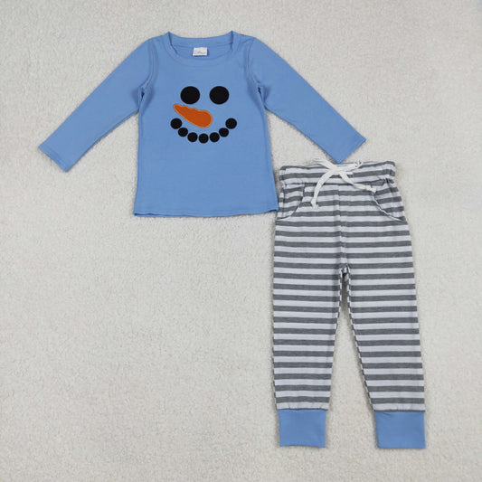 BLP1231 Embroidery Baby Boys Blue Snowmen Top Stripe Pockets Pant Christmas Set C9.26