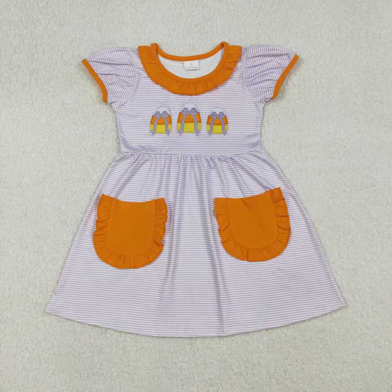 Sibling Baby Girls Embroidery Bows Candy Stripe Pockets Halloween Knee Length Dresses Rompers C10.9