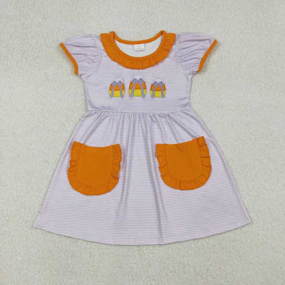 Sibling Baby Girls Embroidery Bows Candy Stripe Pockets Halloween Knee Length Dresses Rompers C10.9