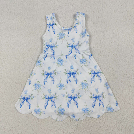 GSD2587 Baby Girls Blue Bows Floral Activity Wear Yoga Short Skort Knee Length Dress 6.13